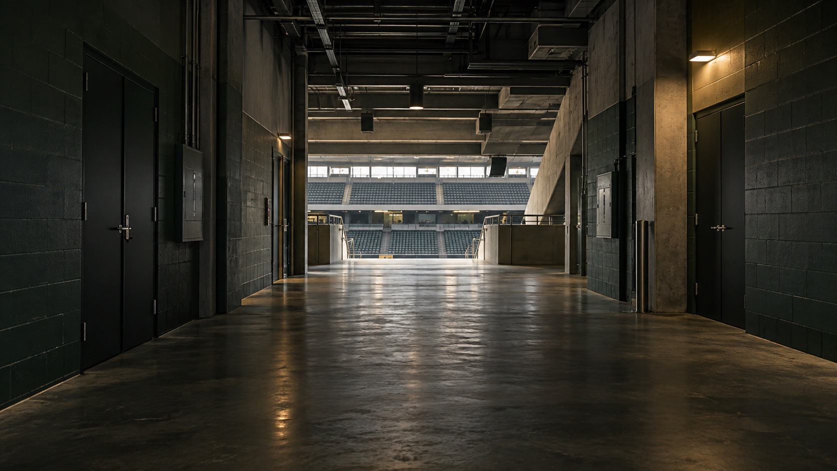 An empty stadium service corridor leading toward the seating bowl before gates open.